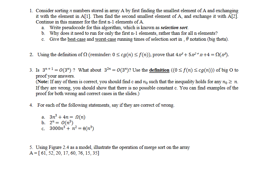 Solved 1. Consider Sorting N Numbers Stored In Array A By | Chegg.com