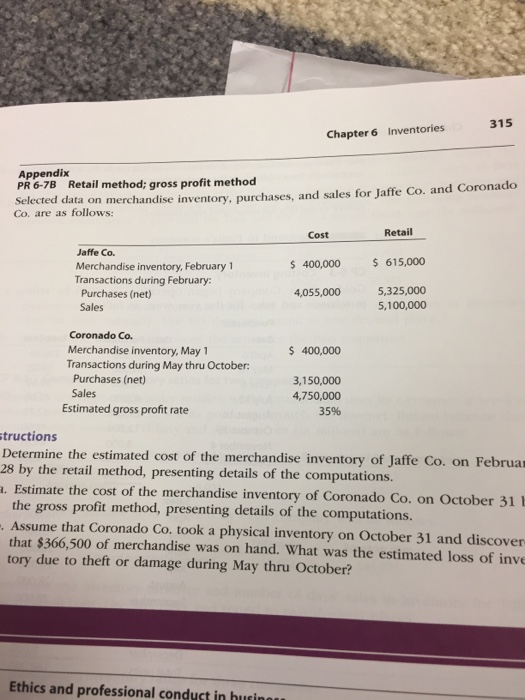 Solved 315 Chapter 6 Inventories Appendix PR 6-7B Retail | Chegg.com