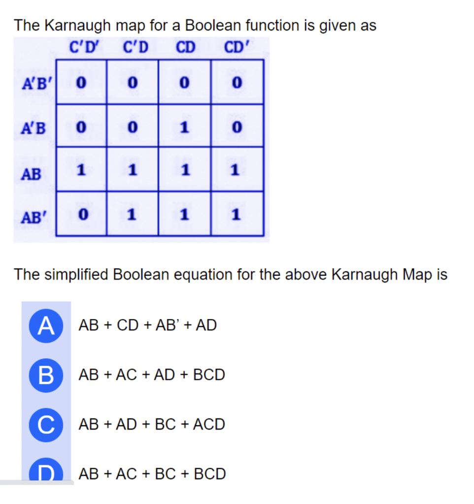 Solved The Karnaugh Map For A Boolean Function Is Given As