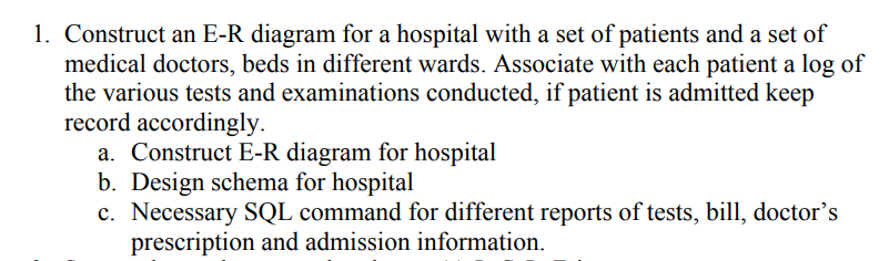 Solved 1. Construct an E-R diagram for a hospital with a set | Chegg.com