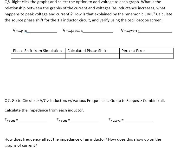 Q6. Right click the graphs and select the option to add voltage to each graph. What is the
relationship between the graphs of