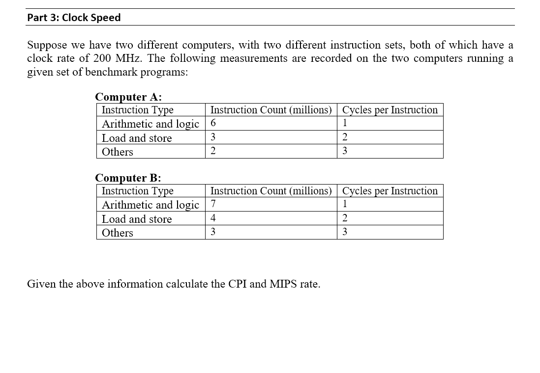 Solved Part 3: Clock Speed Suppose We Have Two Different | Chegg.com