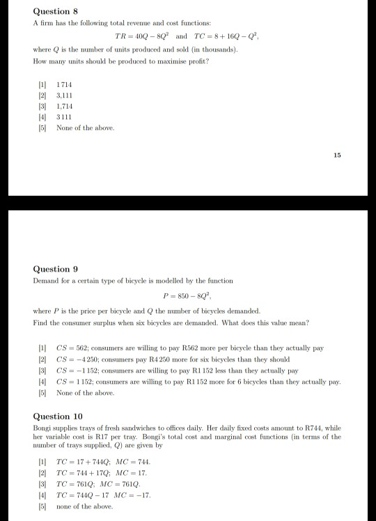 Total Revenue Example Questions Solved Question 8 A firm has the following total revenue and | Chegg.com