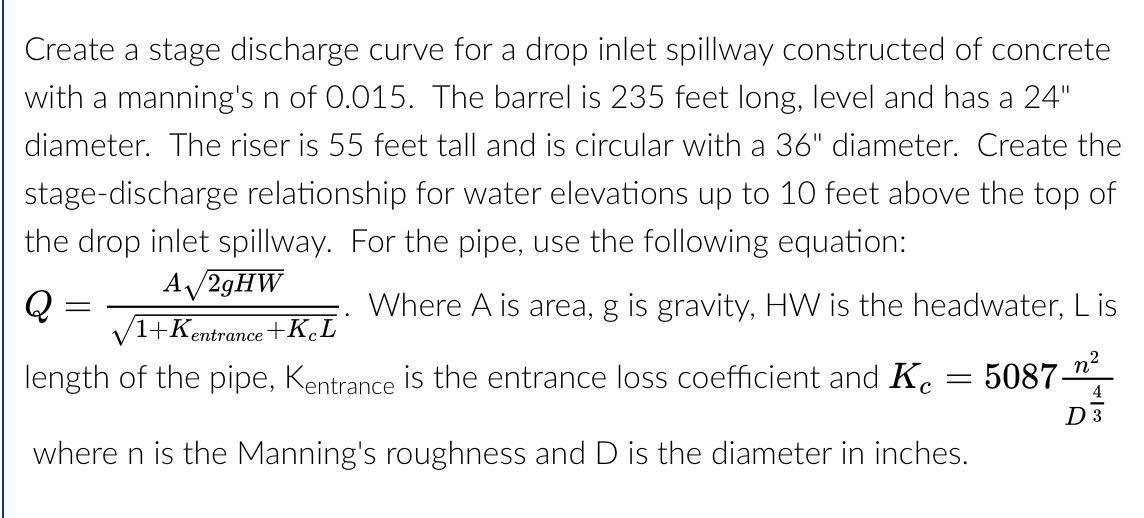 Solved Create a stage discharge curve for a drop inlet | Chegg.com