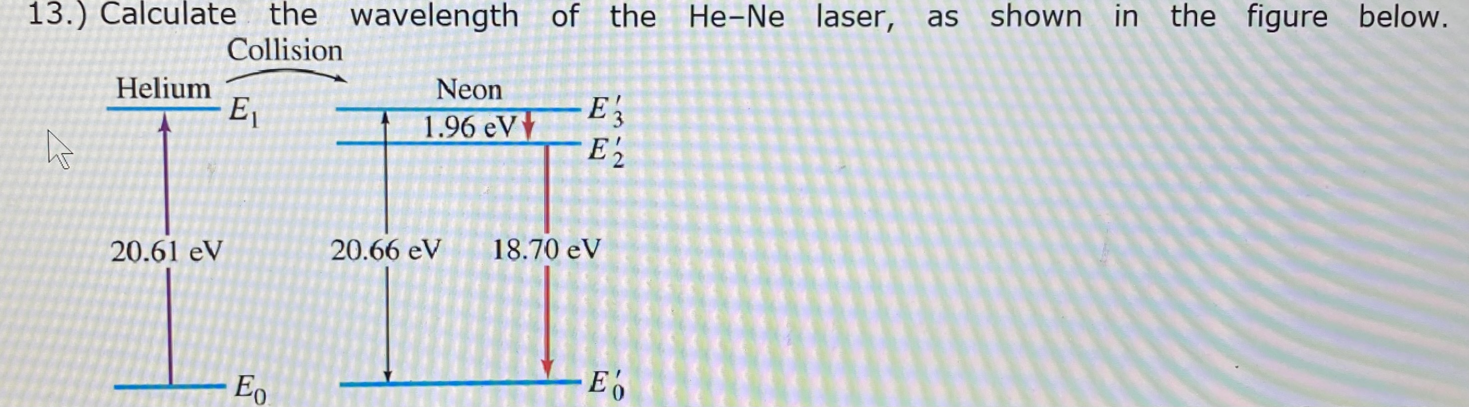 13.) Calculate the wavelength of the \( \mathrm{He}-\mathrm{Ne} \) laser, as shown in the figure below.