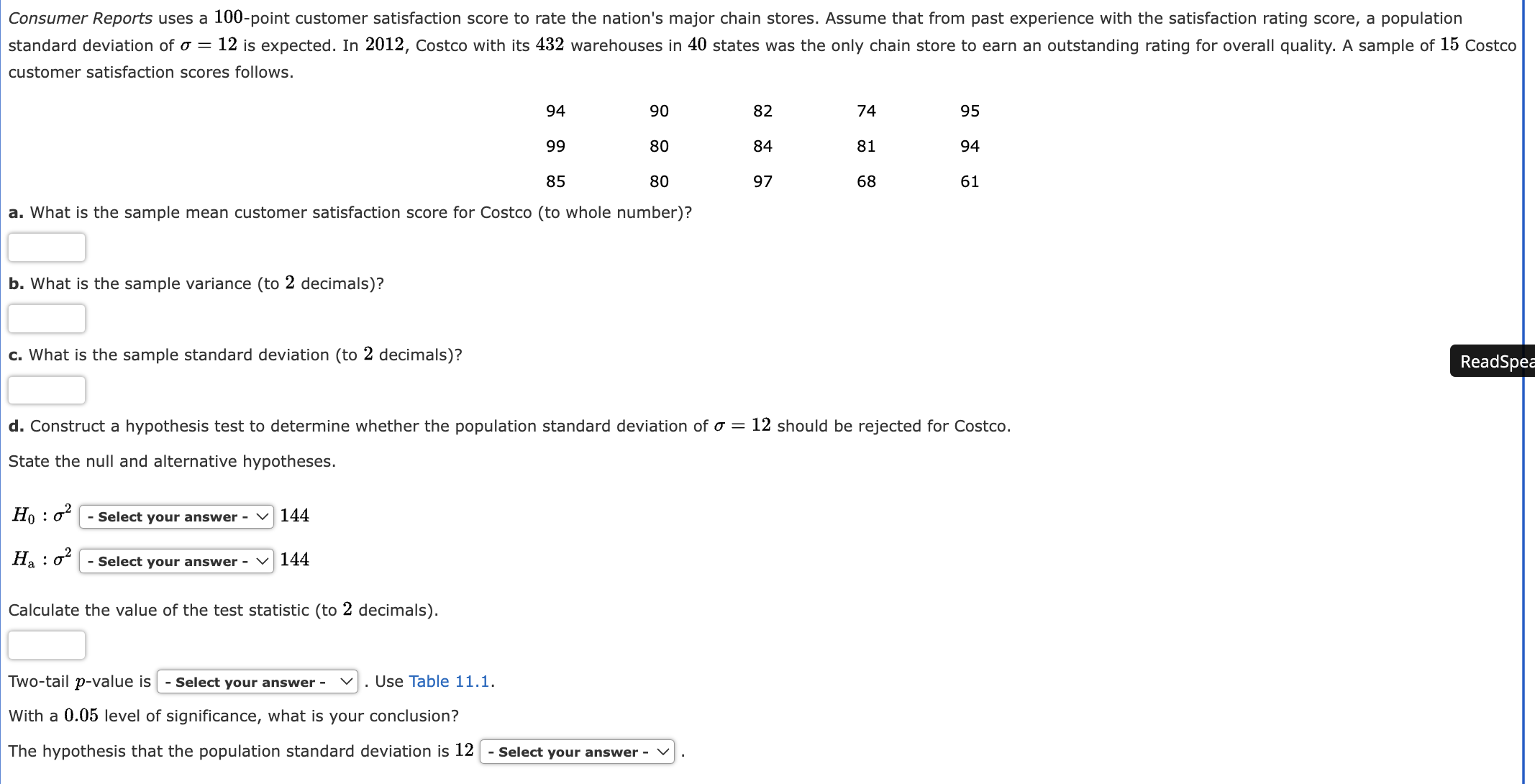 Solved customer satisfaction scores | Chegg.com