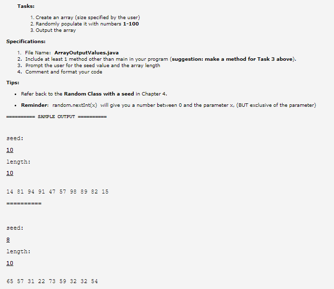 Solved Tasks: 1. Create an array (size specified by the | Chegg.com