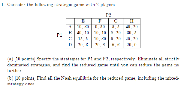 Solved 1. Consider the following strategic game with 2 | Chegg.com
