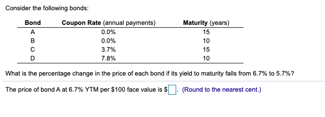 Solved Consider The Following Bonds: Bond Coupon Rate | Chegg.com