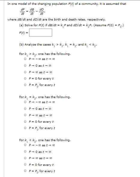 Solved In one model of the changing population P(t) of a | Chegg.com