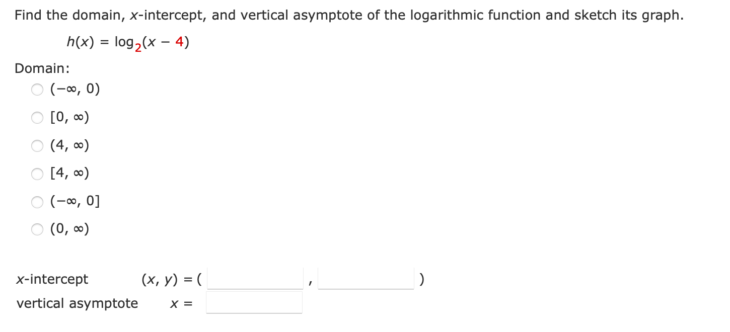 Solved Find the domain, x-intercept, and vertical asymptote | Chegg.com