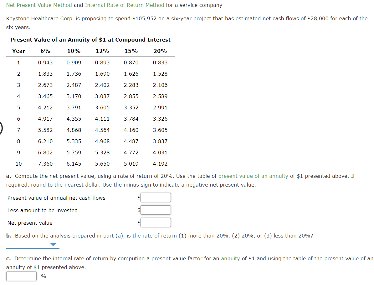 Solved Net Present Value Method And Internal Rate Of Return 