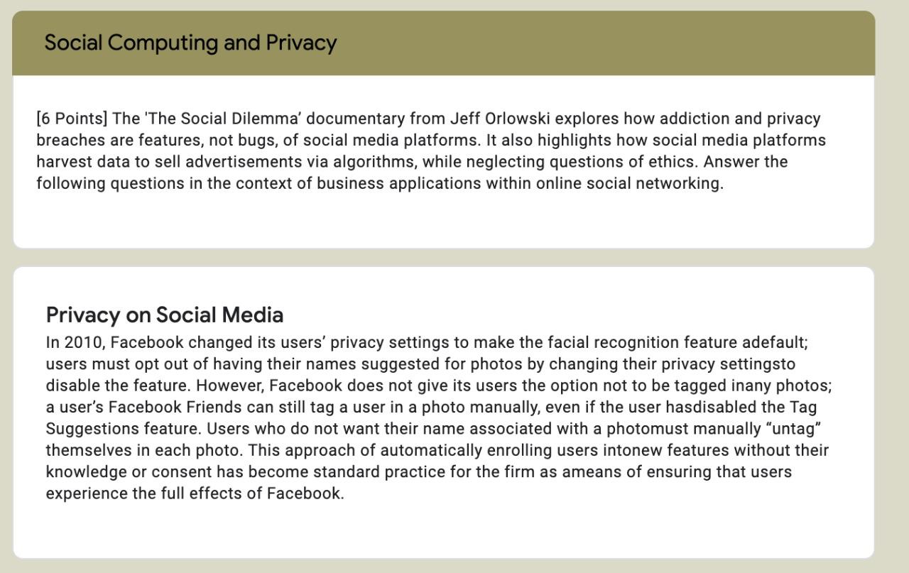 Solved Social Computing and Privacy [6 Points) The 'The | Chegg.com