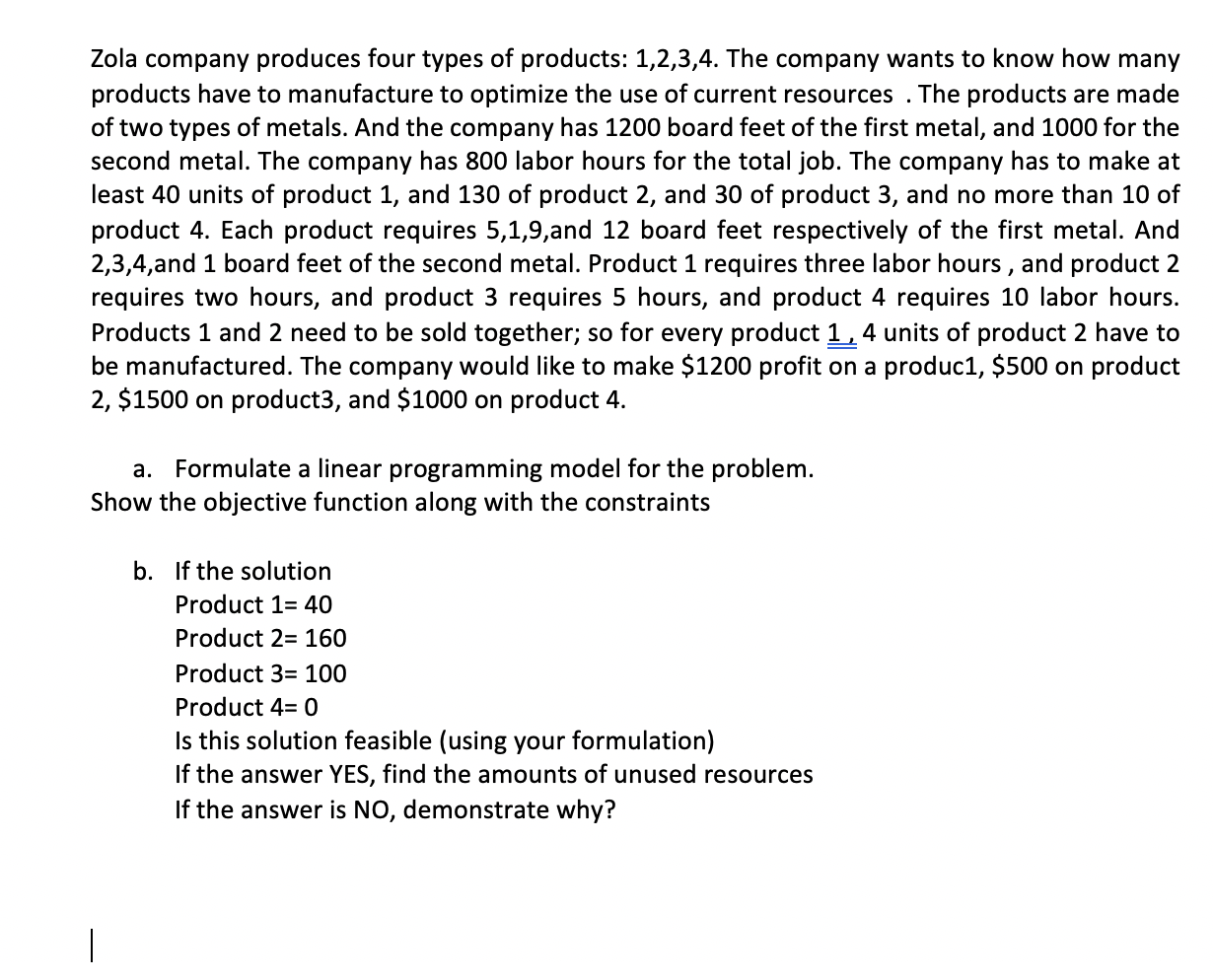 Solved Zola company produces four types of products