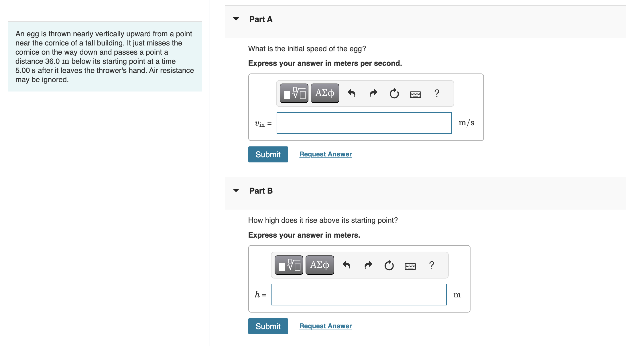 Solved Part Aan Egg Is Thrown Nearly Vertically Upward From Chegg