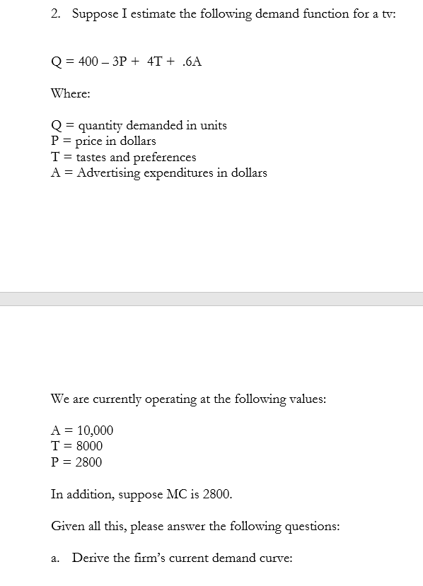 Solved 2. Suppose I estimate the following demand function | Chegg.com
