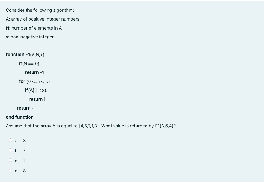 Solved Consider the following algorithm: A: array of | Chegg.com