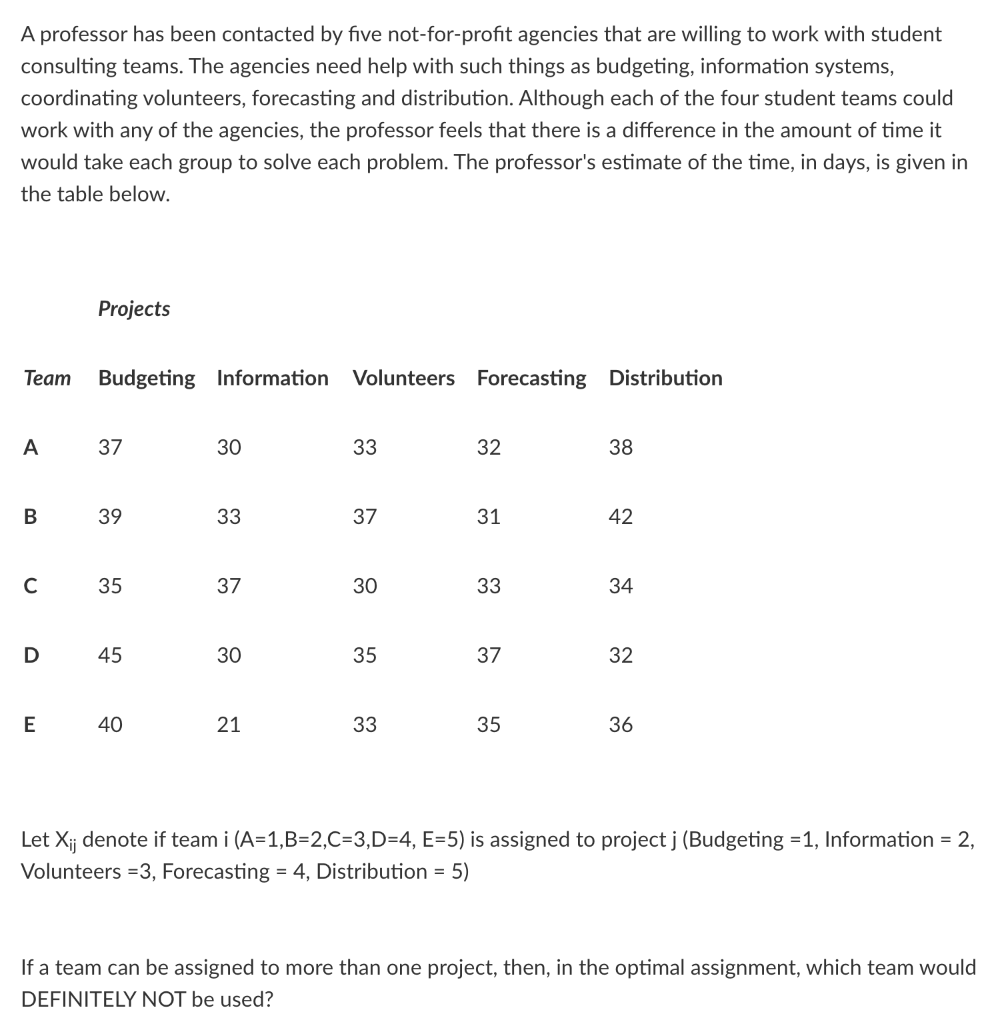 Solved Let Xij denote if team i (A=1,B=2,C=3,D=4, E=5) is