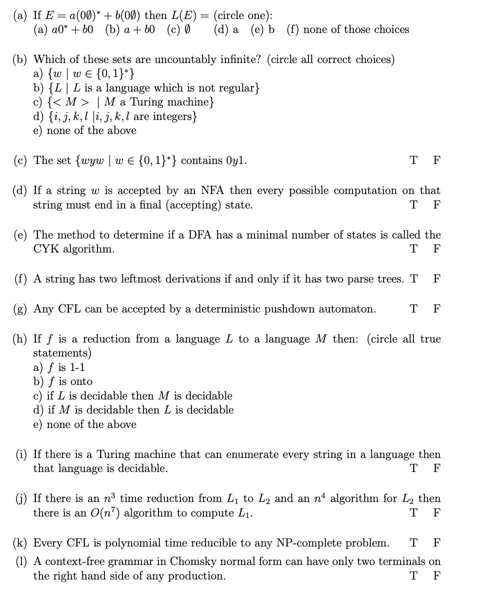 A If E A 0 B 0 Then L E Circle One Chegg Com