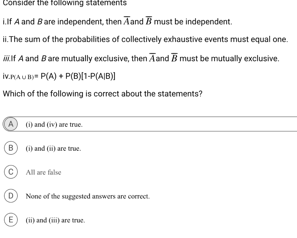 Solved Consider The Following Statements I.If A And B Are | Chegg.com