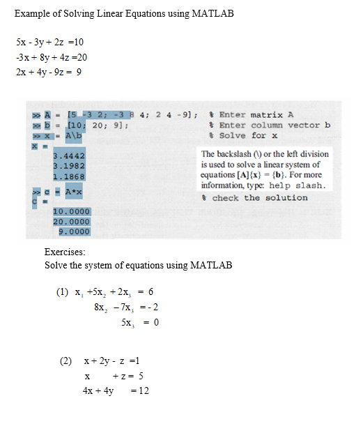 Solved Example of Solving Linear Equations using MATLAB 5x - | Chegg.com
