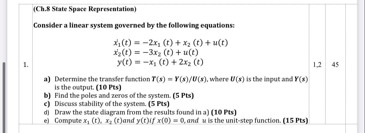 Solved (Ch.8 State Space Representation) Consider A Linear | Chegg.com