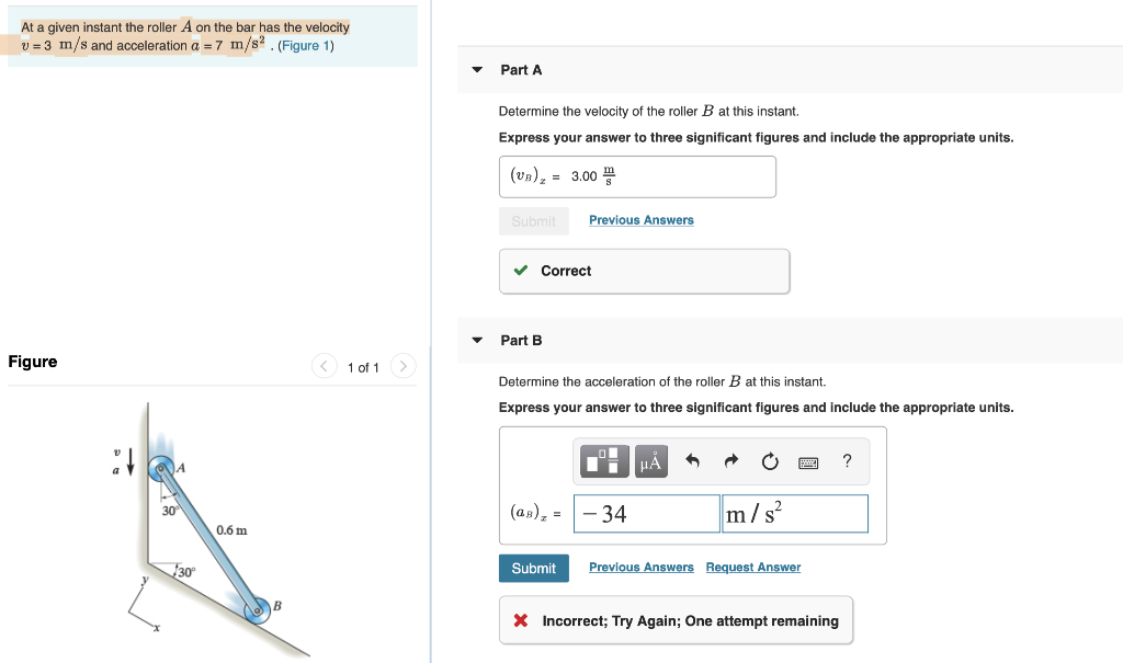 Solved At a given instant the roller A on the bar has the | Chegg.com