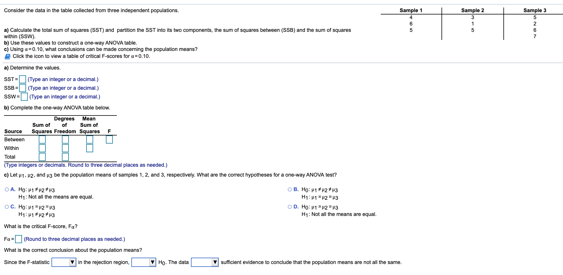 Solved Consider the data in the table collected from three | Chegg.com