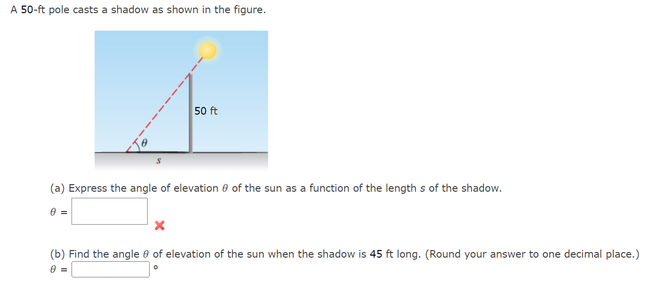 Solved A 50−ft pole casts a shadow as shown in the figure. | Chegg.com