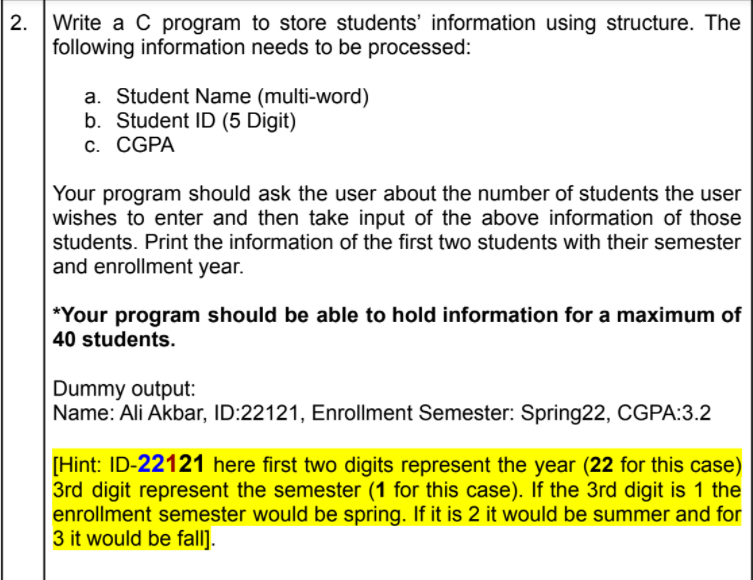 Solved 2. Write a C program to store students' information