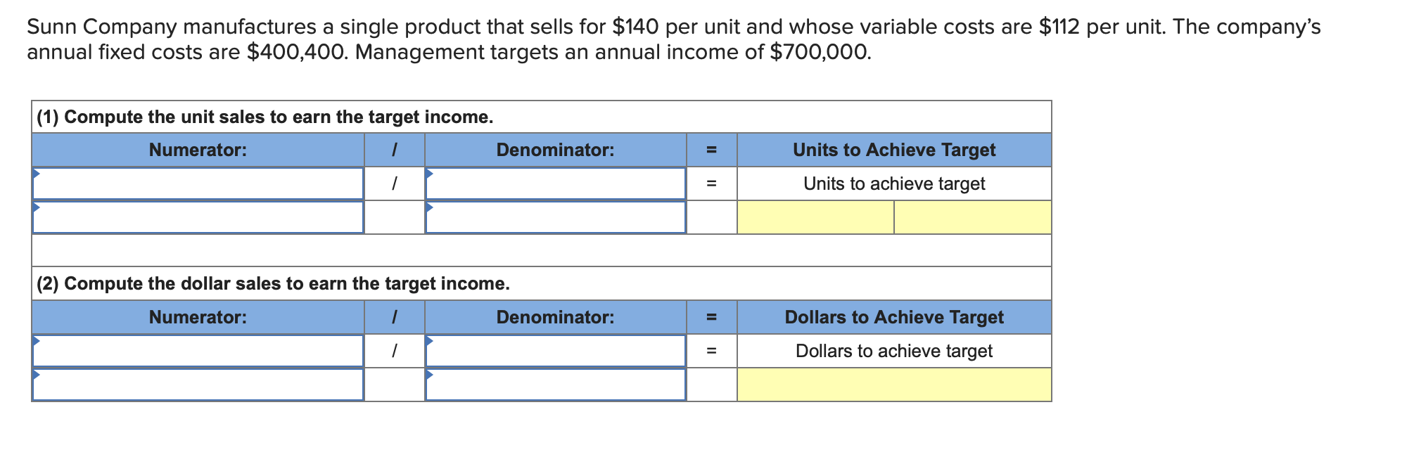 Sunn Company manufactures a single product that sells for \( \$ 140 \) per unit and whose variable costs are \( \$ 112 \) per