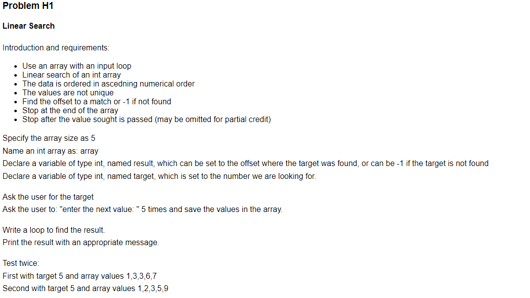 Solved Linear Search Introduction and requirements: - Use an | Chegg.com