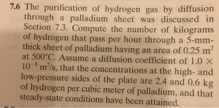 Solved 7.6 The Purification Of Hydrogen Gas By Diffusion