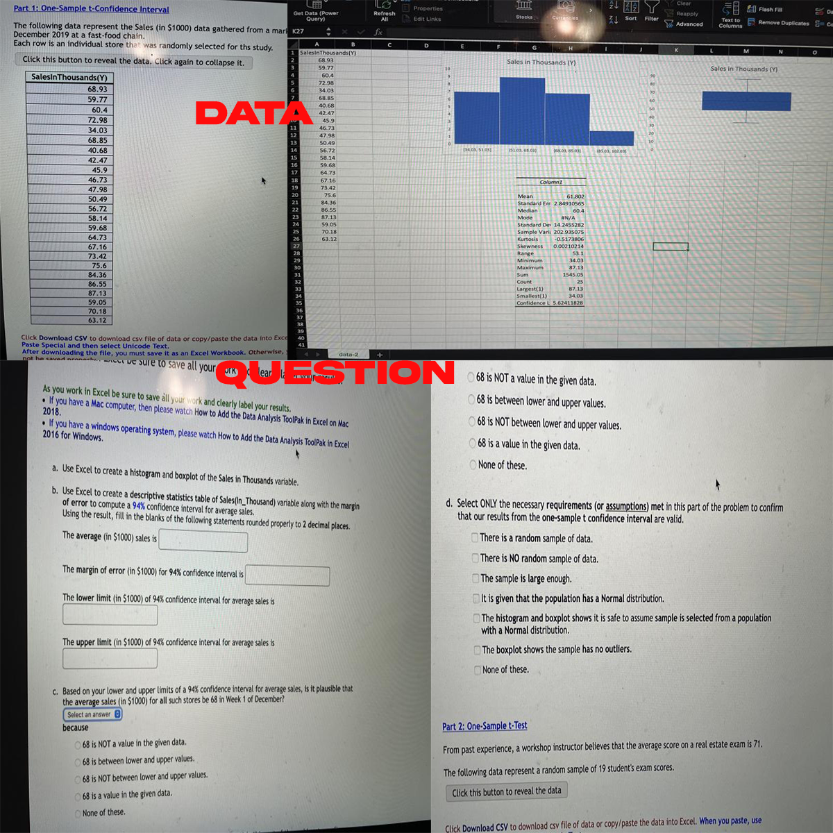 Solved Part 1 One Sample t Confidence Interval The Chegg