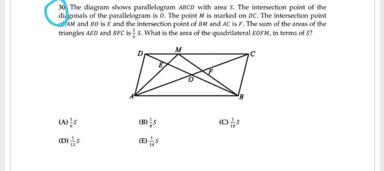 Solved 30 The diagram shows parallelogram ABCD with areas. | Chegg.com