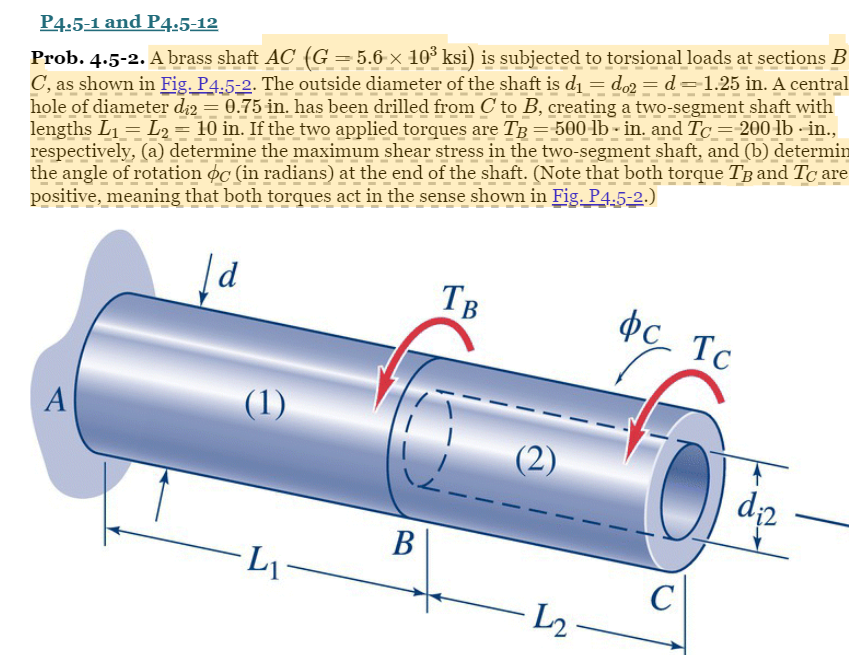 Solved Prob. 4.5-2. A Brass Shaft AC(G=5.6×103ksi) Is | Chegg.com