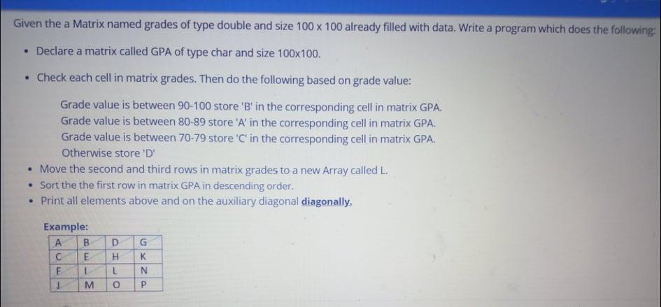 Solved Given the a Matrix named grades of type double and | Chegg.com
