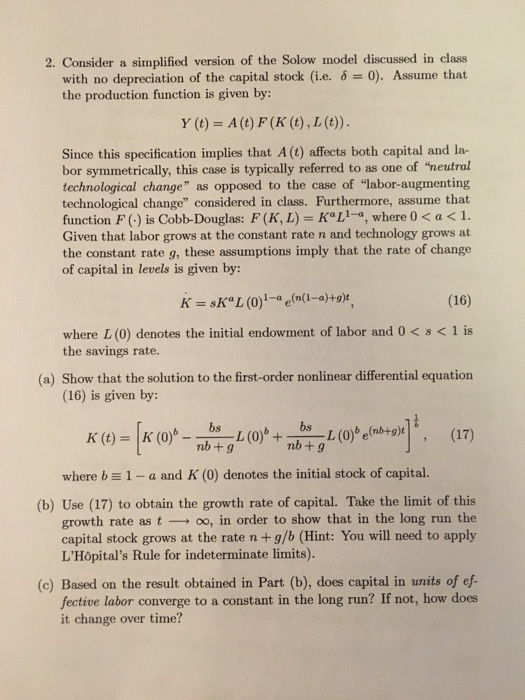Solved 2. Consider a simplified version of the Solow model | Chegg.com