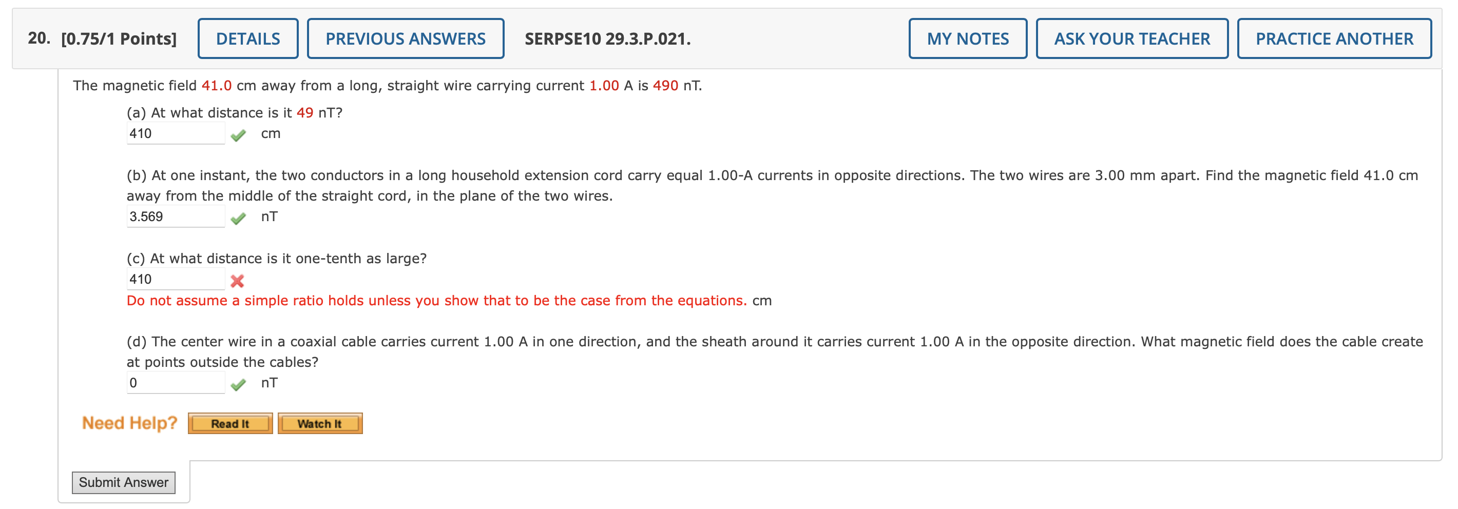 Solved The magnetic field 41.0 cm away from a long, straight | Chegg.com