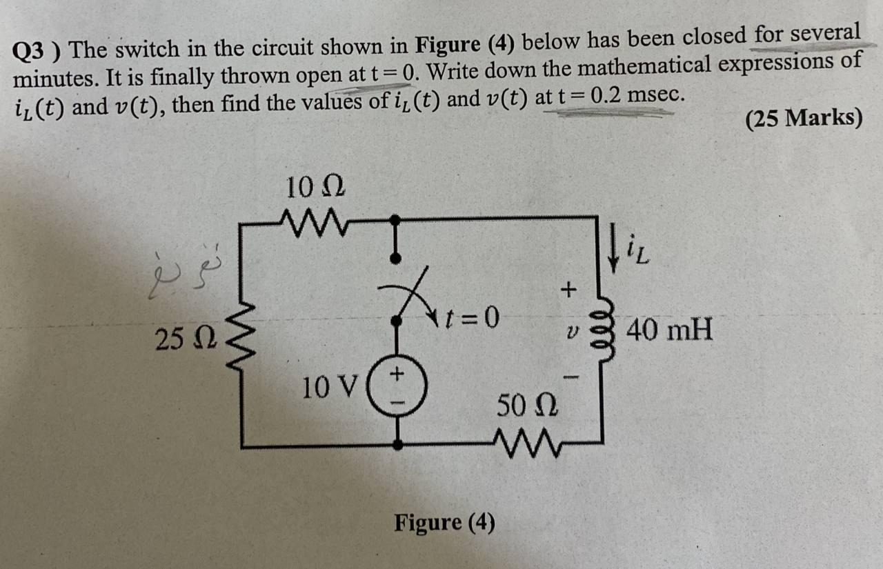 Solved Q3 ) The switch in the circuit shown in Figure (4) | Chegg.com
