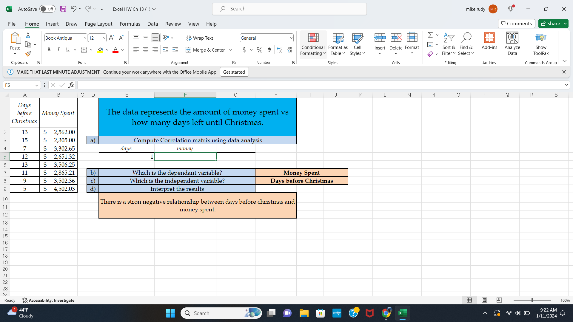 need help with excel homework