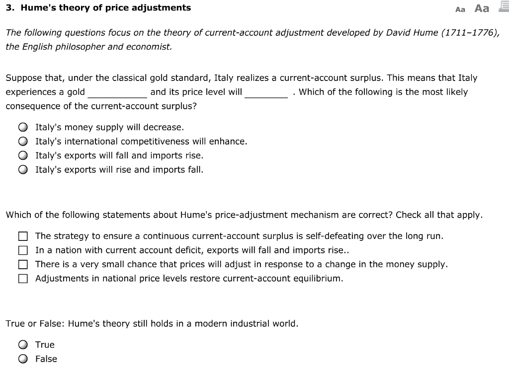 Solved 3. Hume's theory of price adjustments Aa Aa The