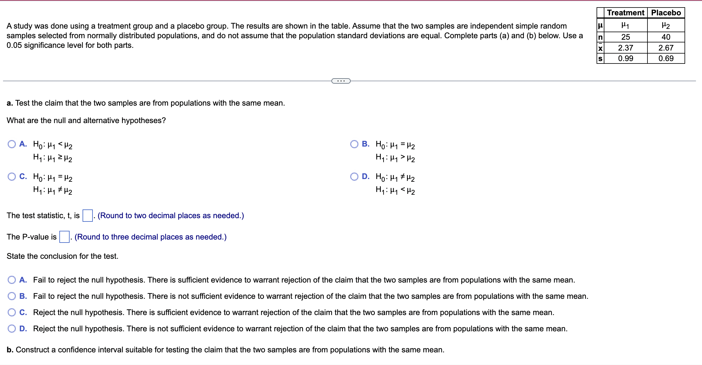 Solved A study was done using a treatment group and a | Chegg.com