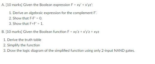 Solved A. [10 marks] Given the Boolean expression F = xy' + | Chegg.com