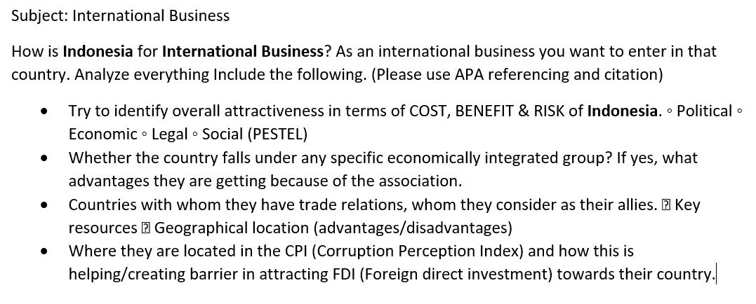 Solved Subject: International Business How Is Indonesia For | Chegg.com