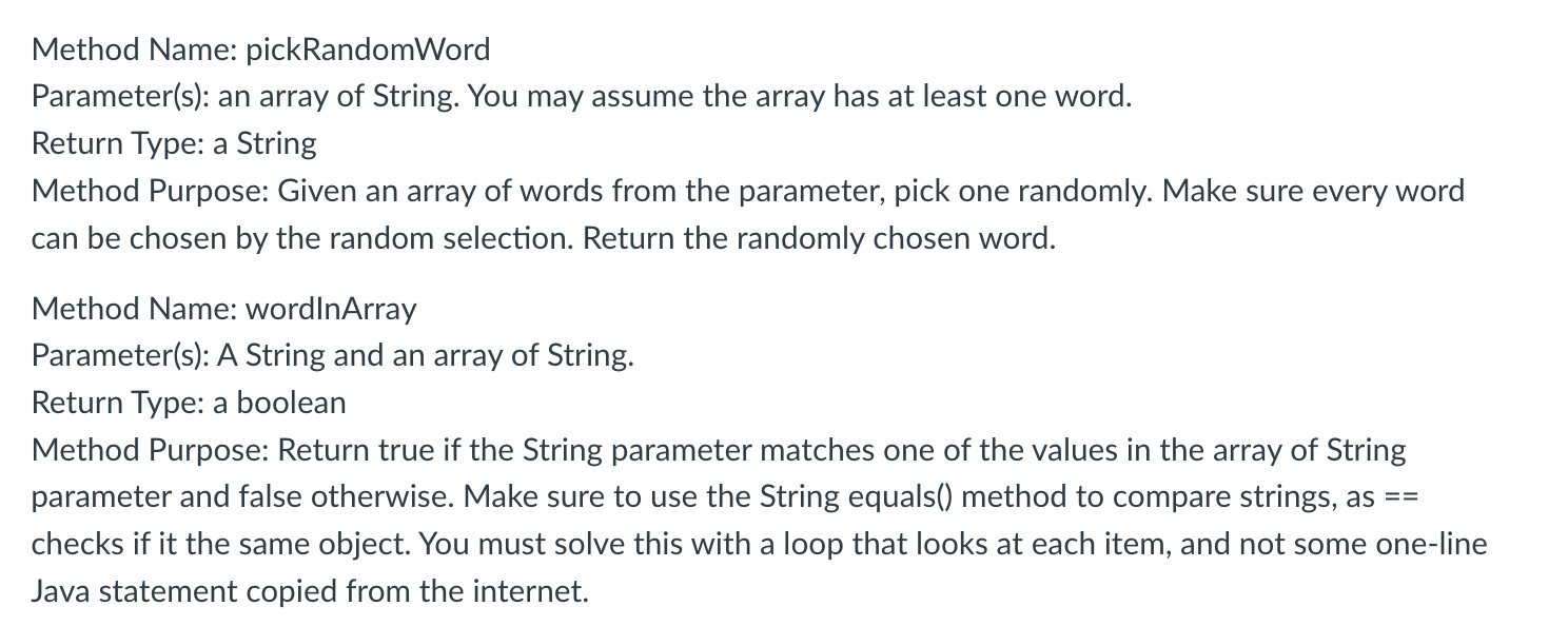 Solved Method Name: pickRandomWord Parameter(s): an array of | Chegg.com