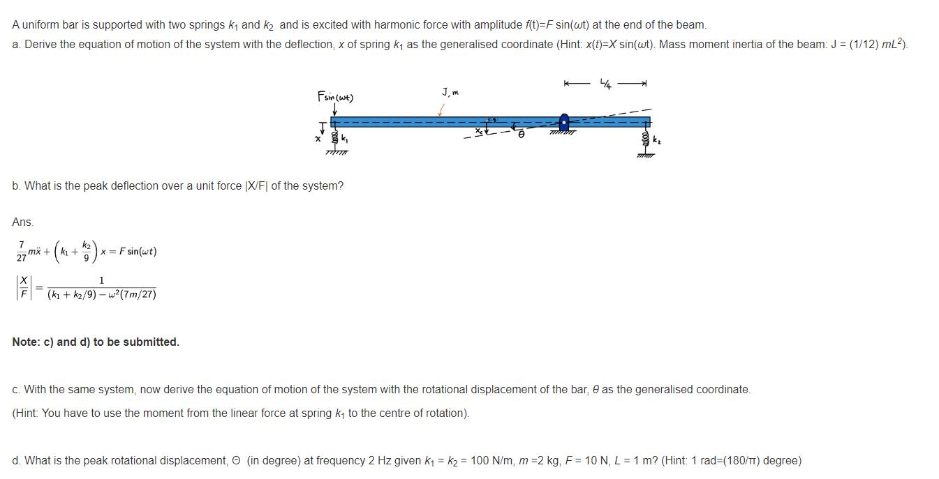 Solved A uniform bar is supported with two springs k1 and k2 | Chegg.com