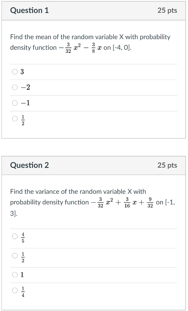 Solved Question 1 25 pts Find the mean of the random | Chegg.com