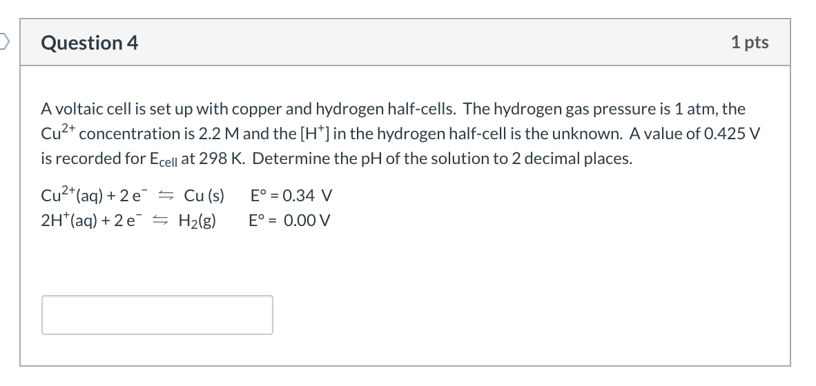 Solved Question 4 1 pts A voltaic cell is set up with copper | Chegg.com