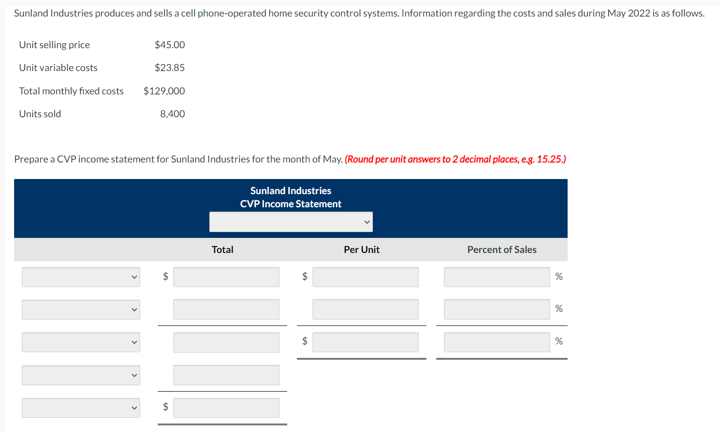 Solved Prepare a CVP income statement for Sunland Industries | Chegg.com